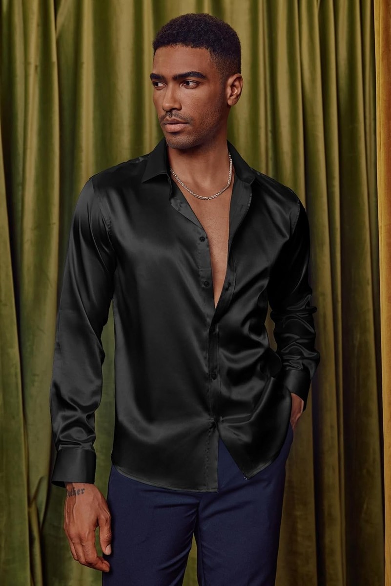 satin dress shirt Forest Green Hips 37 Men's Shiny Satin Dress Shirts