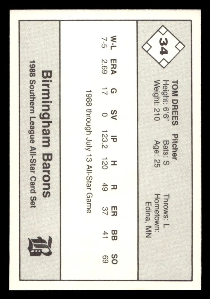 1988 Jennings Southern League All-Stars Tom Drees #34 Birmingham Barons - Image 2 of 2