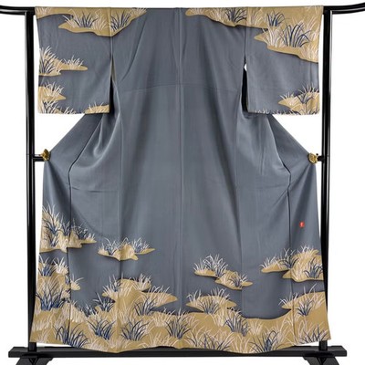 Japanese Silk Houmongi Kimono S 156cm Gray Hanai Yukiko Haze Leaf pattern 022844