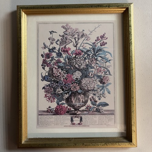 8.5 X 11 Framed Floral Print In An Urn Labeled "July" Gold Frame Robert Furber