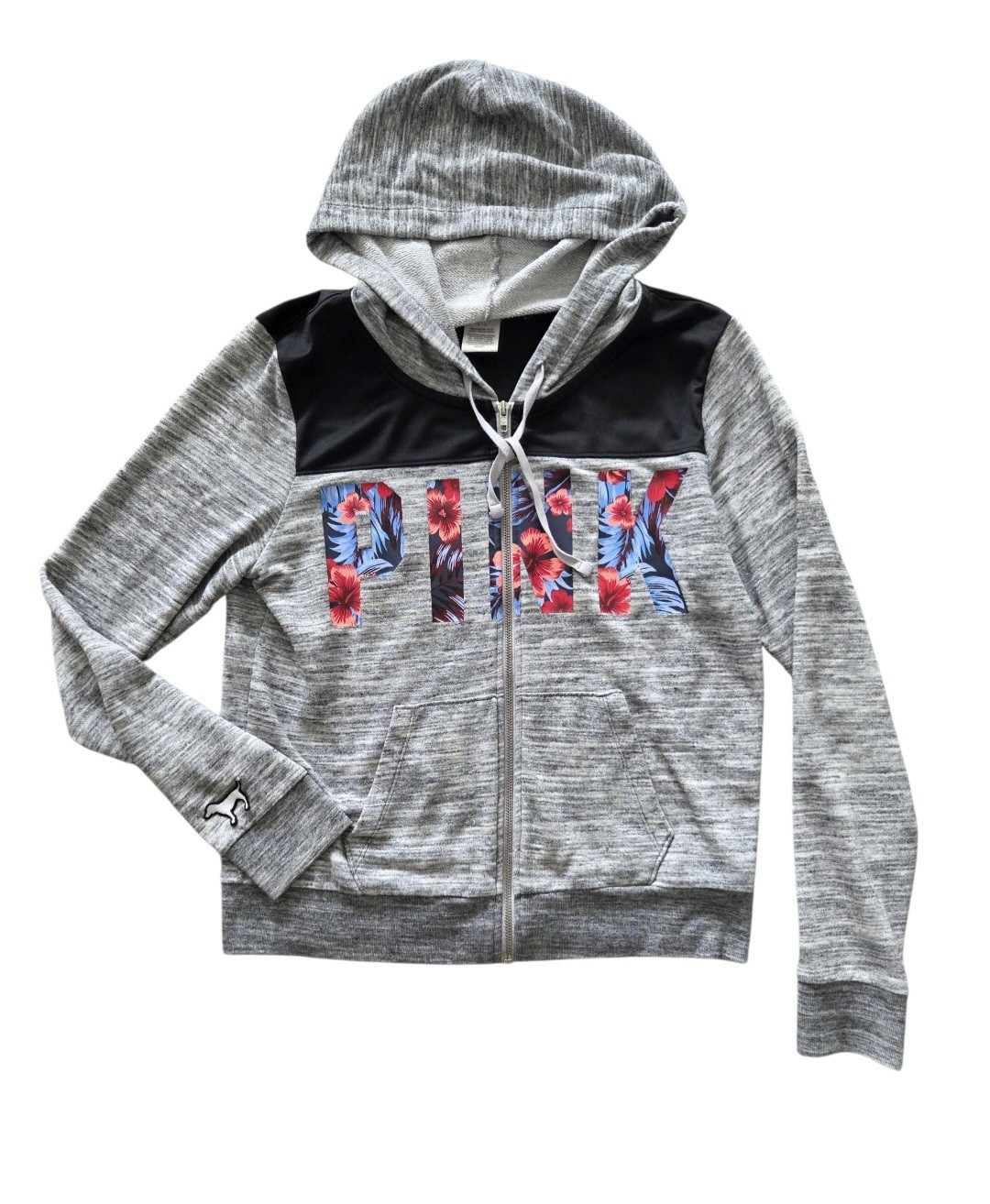 Victoria's Secret PINK Perfect Full Zip Hoodie Gray Marl Tropical Floral Large