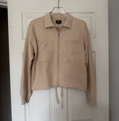 Monrow Beige Solid Knit Full Zip Collared Cardigan Sweater Pockets Women M