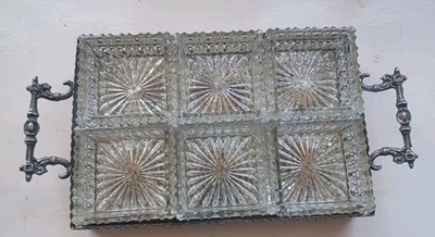 Vintage 6 Abschnitt Glas Relish Geschirr mit Aluminium geätzt Serviertablett mit Griffen