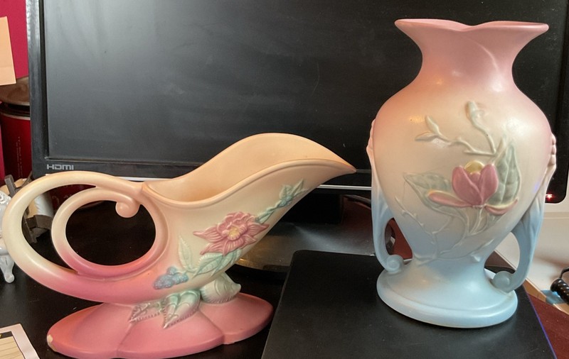 2 Vintage Hull Art Pottery Vases (1) Magnolia Line & (2) Pottery Cornucopia Vase