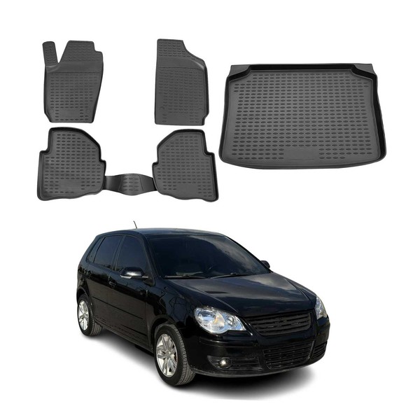 FußMatten & Kofferraumwanne Set FüR VW Polo 2001-2009 Gummi TPE Schwarz 5X-image