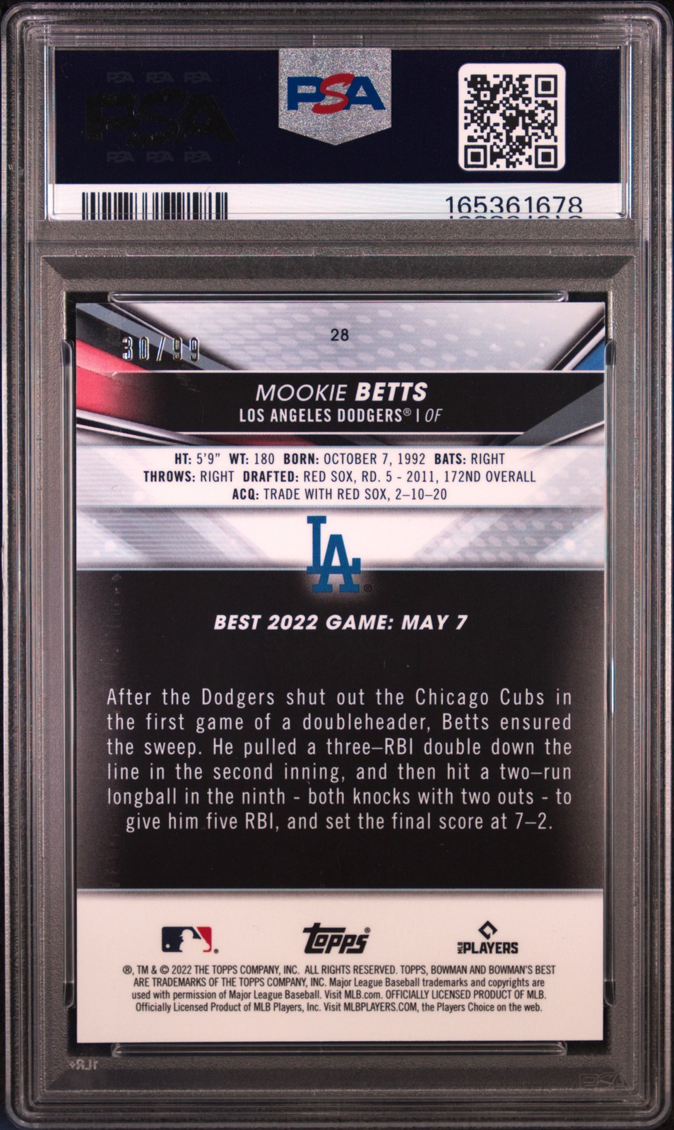 2022 BOWMAN'S BEST GREEN REFRACTOR #28 MOOKIE BETTS 30/99 PSA 7 view 2