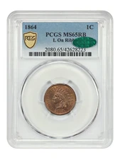 1864 1C PCGS/CAC MS65RB (L On Ribbon) - Indian Cent - Popular Key Variety