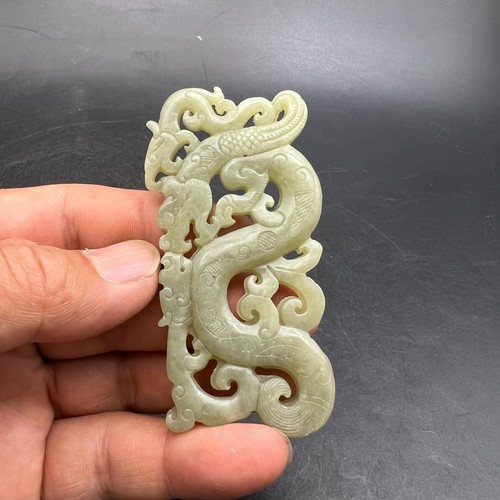 China alter natürlicher Jade geschnitzter FengShui Drache Phönix Yubi Amulett Anhänger, #399
