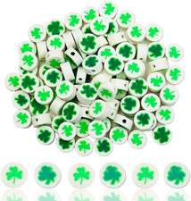 100Pcs St. Patrick's Day Shamrocks Handmade Polymer Clay Beads, Luck Clover Prin