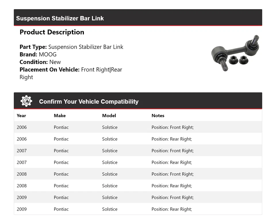 Barra estabilizadora de suspensão Pontiac Solstice 2006-2009 link MOOG 2006 2007 - Imagem 2 de 4