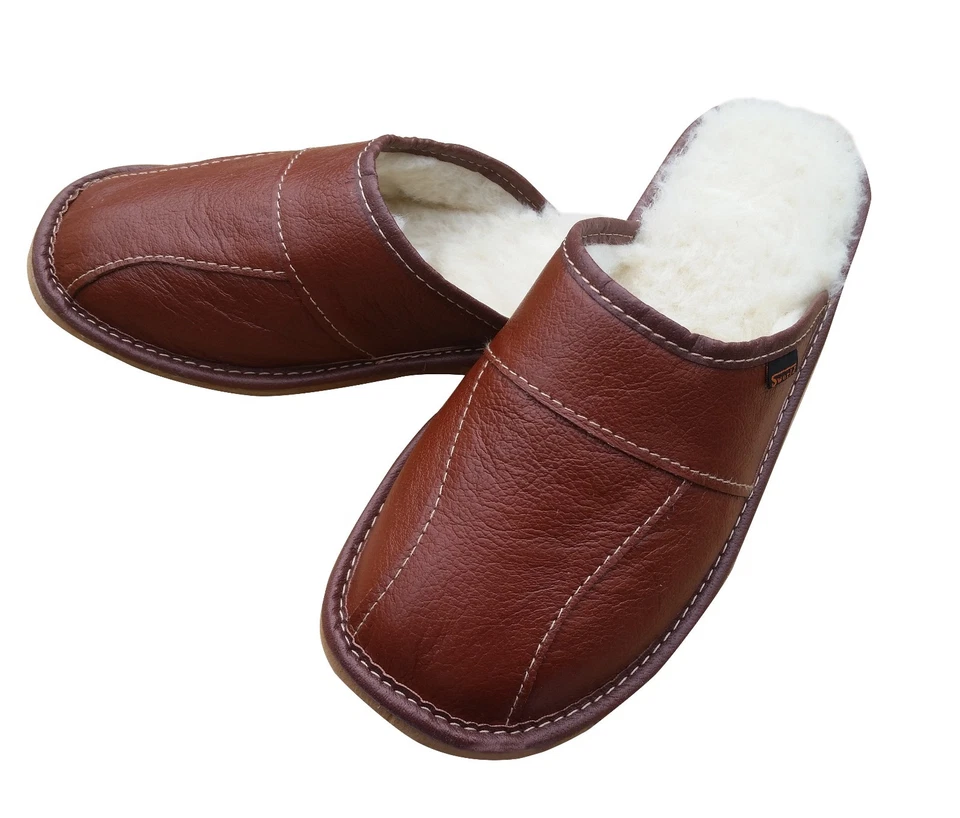 Men's Sheepskin Wool Black Leather Slippers Shoes Size Warm Moccasins Mules - Image 2 of 4