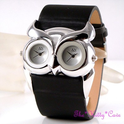 Atemberaubende Designer schwarz silber Damen Eule Vogel Twin Time Dual Multi Zifferblatt Uhr