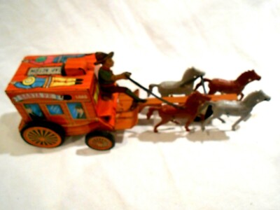 Vintage Japan Tin Litho Friction Santa Fe Stage Coach w/Cap Sound