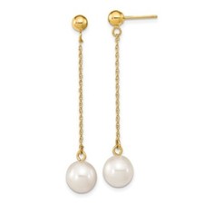 14k Yellow Gold 7-8mm White Round Freshwater Cultured Pearl Dangle Post Earrings