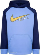 Nike Boys Therma-FIT Raglan Swoosh Graphic Hoodie Blue Size XS 4 3-4 years 