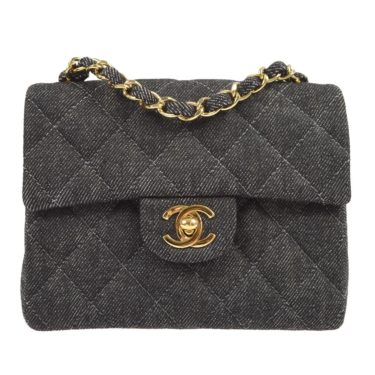 CHANEL Classic Flap Mini Square Chain Shoulder Bag Black Denim 77473