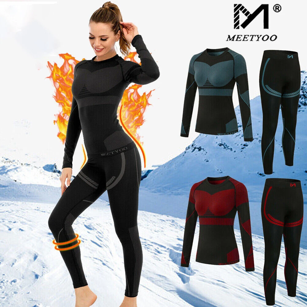 2PCS Set Women Thermal Underwear Set Long John Fleece Lined Top Bottom  Baselayer eBay