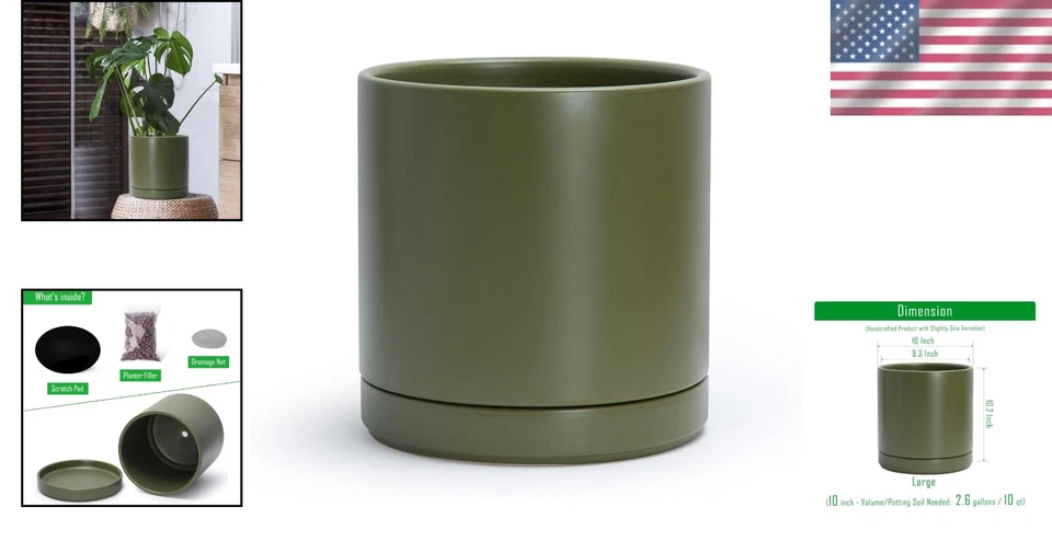 Maceta grande de cerámica con cilindro de oliva con platillo - Decoración interior moderna Foto 2 de 4