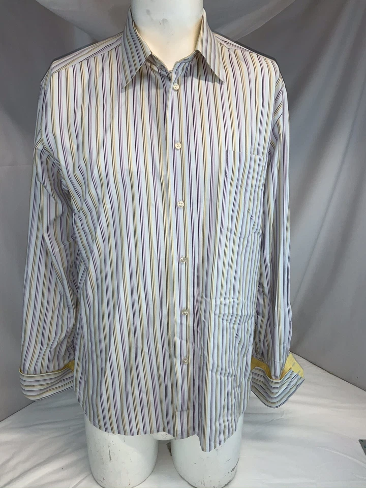 Camisa Ghirardelli Puño Abatible XL 16 34 Azul Púrpura Rayas Algodón Italia YGI H0-384 Foto 2 de 4