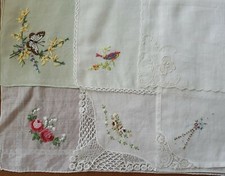 6 Vintage Handkerchiefs Hankies Embroidery Flowers Bird Butterfly