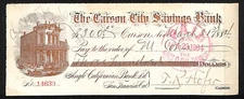 Carson City Savings Bank, NV 1884 Bank Check & Color Ink & Signed T.R. Hofer*