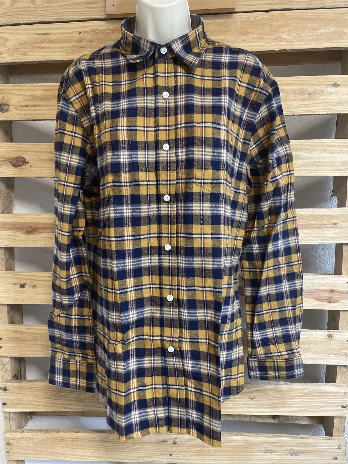 NEW Yellow Blue Plaid Long Sleeve Lightweight Flannel Shirt Men's 2XL KG JD
