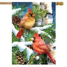 Snowy Cardinals Winter House Flag Pine Cones 28" x 40" Briarwood Lane