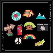 10 Shoe Charms for Crocs CAMPING TRIP Tent Fire Mountains Camera Rainbow Fishing
