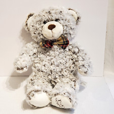 FAO Schwarz Teddy Bear Stuffed Animal Plush Gray Curly Fur Plaid Bow Tie 12" EUC