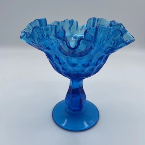 Vintage Fenton Colonial Thumbprint Glass Compote Bowel  Cobalt Blue 1960’s