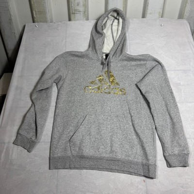 Adidas Liquid Foil Pullover Hoodie Mens Heather Gray Fleece Gold metallic Logo M