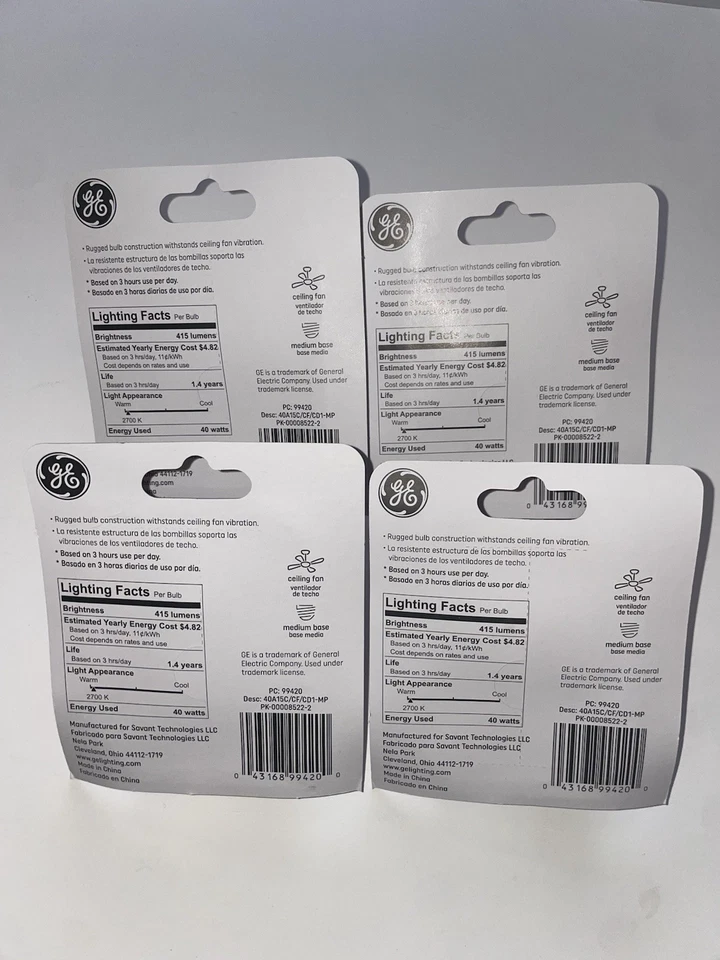 GE 40 Watt 415 Lumens Crystal Clear Ceiling Fan Incan Bulbs 99420 4 pack - Image 2 of 4