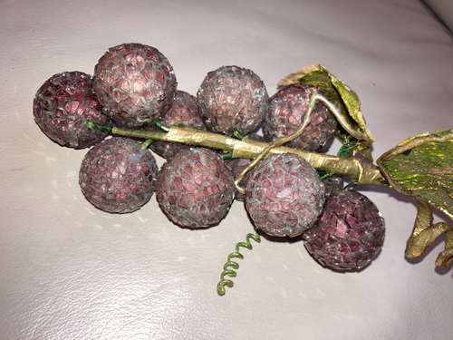 Mid-Century Modern Mosaic Glass Fruit Set of 8, Metal Leaves Clear Bowl MCM - Picture 12 of 14