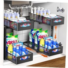 Under Sink Organizer, 2 Tier Metal Pull Out Under Sink Storage 2 Pack Black