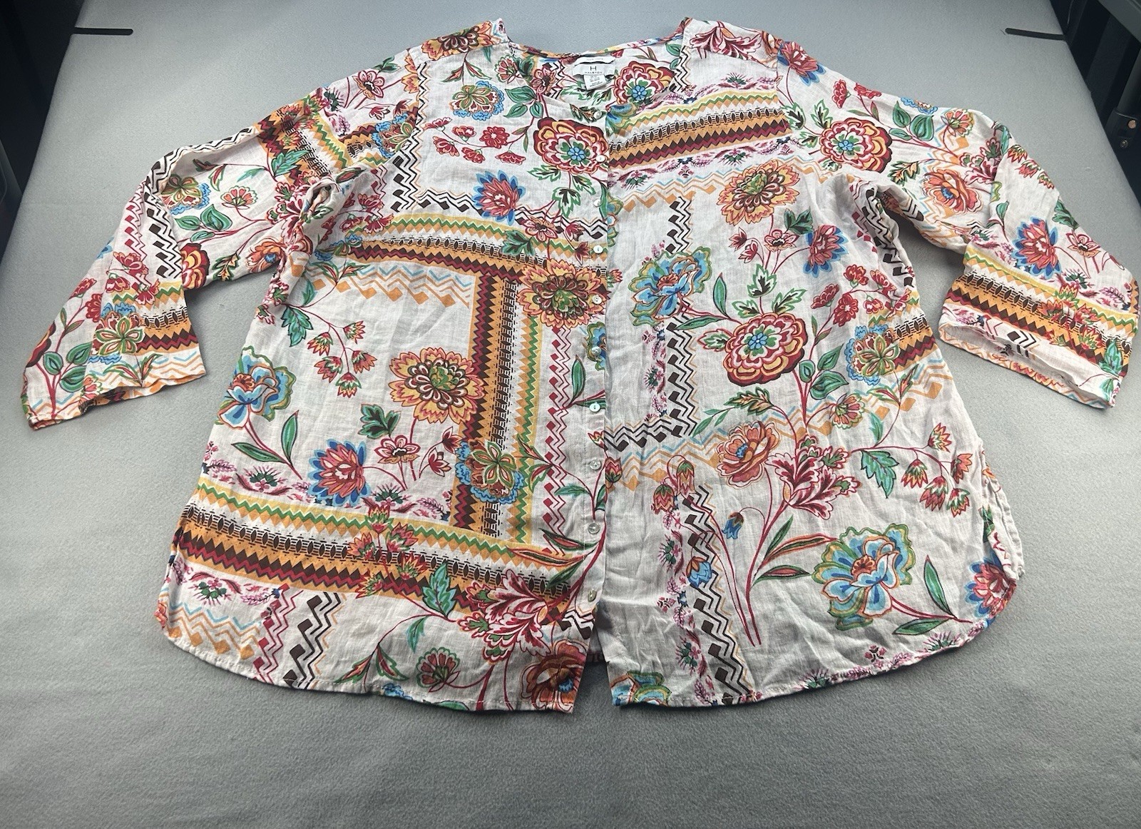 Halston Floral Button Down Blouse Multicolor Plus Size 3X 100% Linen NWOT