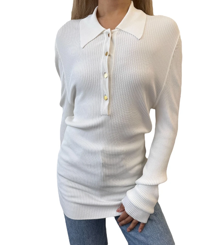 HERMES Vintage Logo Clou de Selle Button Ribbed Knit Polo Top #M White Viscose - Image 3 of 4