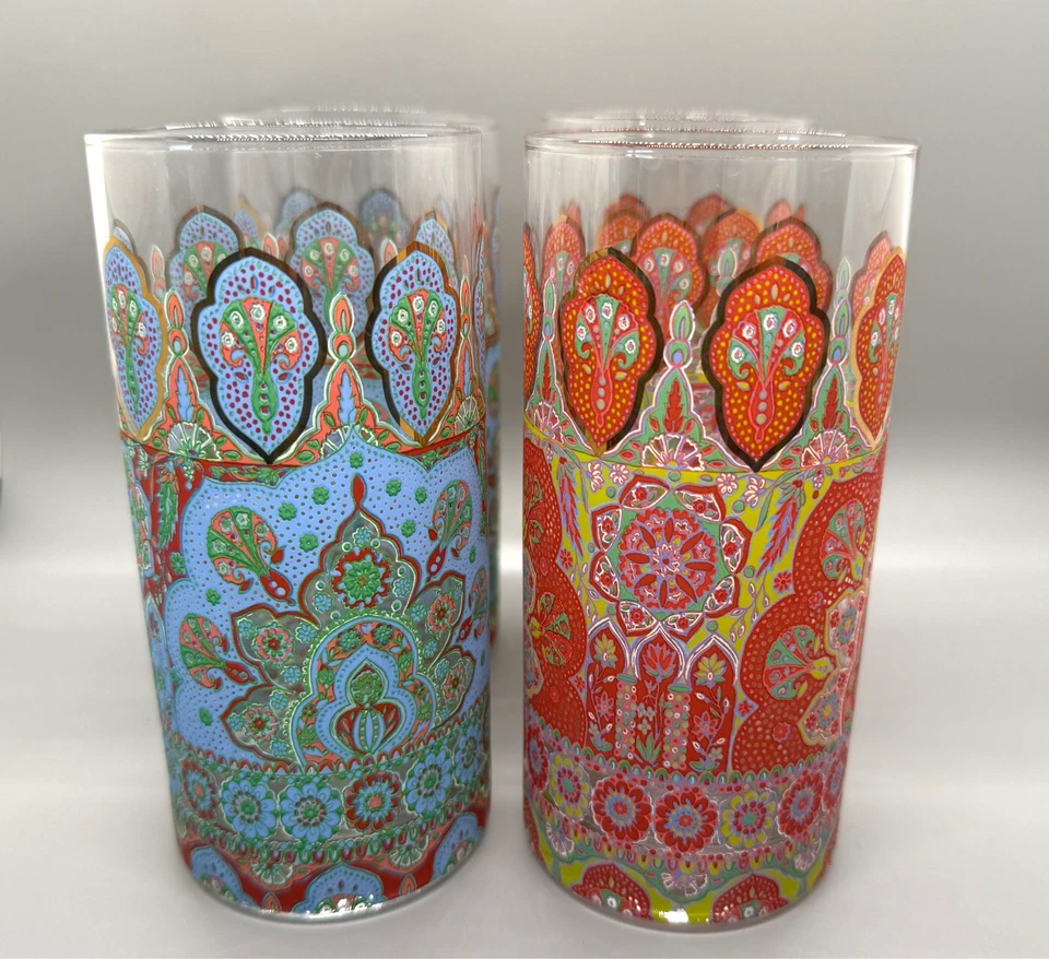 4 World Market Boho Red & Blue Peacock Double Old Fashioned Juice Glasses - Image 2 of 4