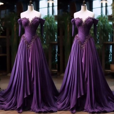 Purple Victorian Cosplay Elf  Dress Off Shoulder Half Sleeve Lace Trimmed A-Line