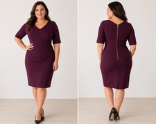 Gabby Skye Plum Sheath Dress Size 14 V-Neck 3/4 Sleeve Gold Back Zipper