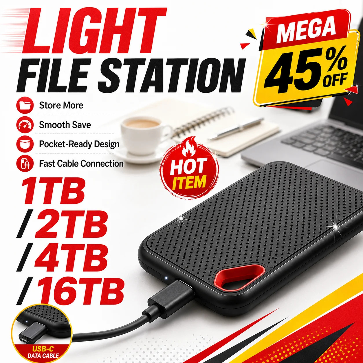 Portable 1TB SSD External Hard Drive USB 3.1 for Laptop Mac PC Fast Data Storage