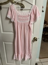 VNT 80s 70s Nightgown Cottage Med 38 Lace Smocked Prairie Flutter Sleeve Ruffle