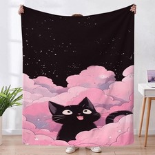 Soft Flannel Fleece Blanket:Cute Black Cat  Pink Clouds Starry Sky,,All Seasons
