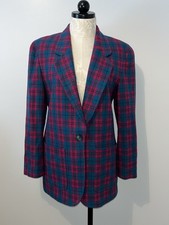 Vintage 80s Pendleton Teal Blue Pink Plaid Wool Blazer Jacket Women s Size 8
