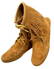 Minnetonka Boots Moccasins Womens 7 Suede Fringe Pull On Hippy Boho Leather
