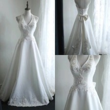 Vintage Wedding Dresses Halter Neck Satin Beaded 1960s with Bow Bridal Gowns