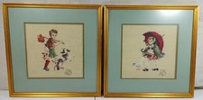 Needlepoint Set 2 Boy Play with Dog Girl Walk with Umbrella Wall Hanging Frame 