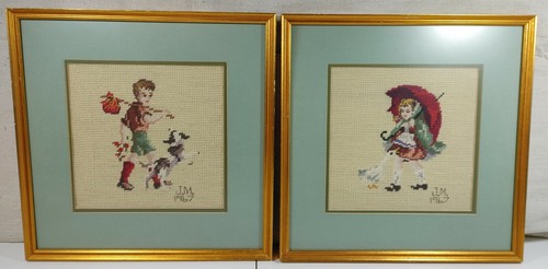 Needlepoint Set 2 Boy Play with Dog Girl Walk with Umbrella Wall Hanging Frame