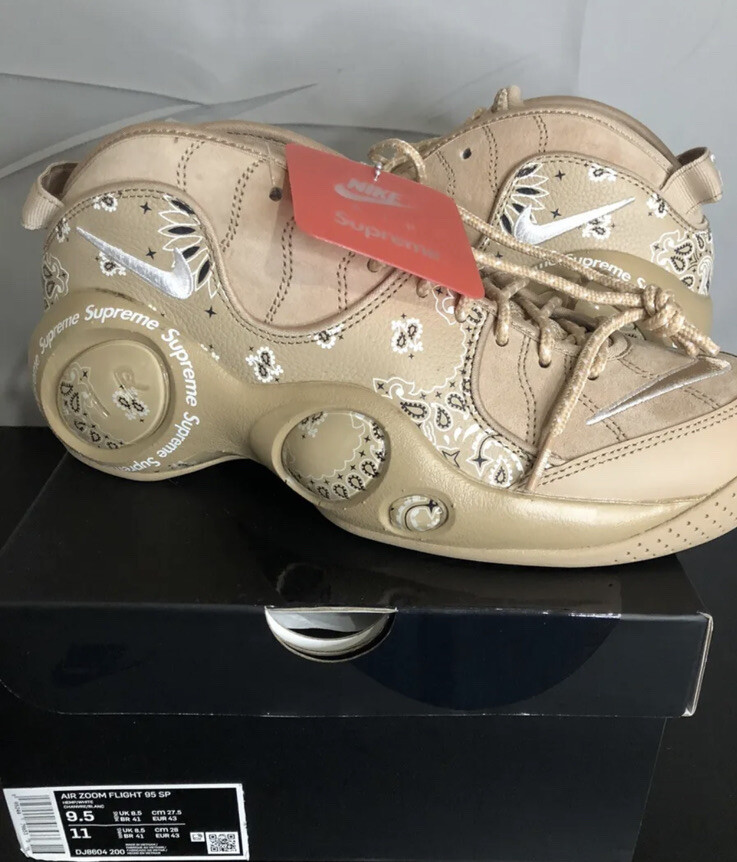 Supreme x Nike Zoom Air Flight 95 Tan Hemp Wheat SIZE 9.5 M DJ8604  