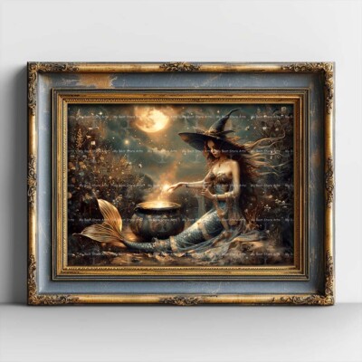 MERMAID WITCH MAGIC ART PRINT, Decor Siren Moon Poster, Gothic