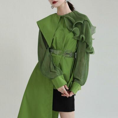 Womens Asymmetric Long Sleeves Collar Ruffles Button Shirts Green Slim Fit  Tops | eBay